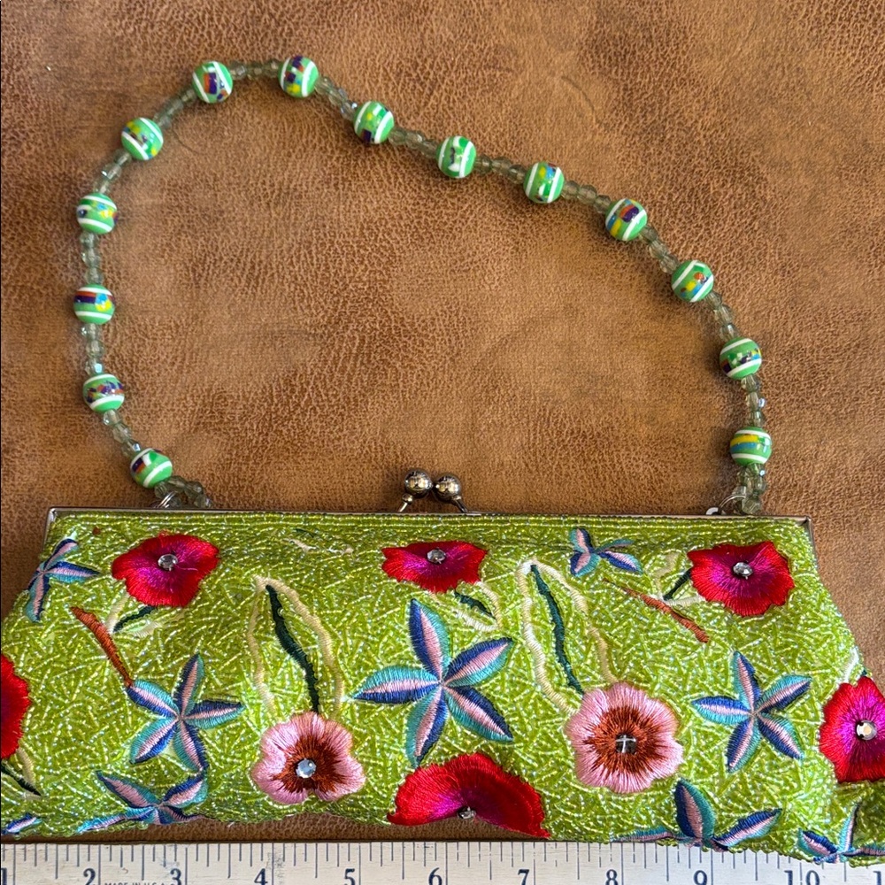 Vibrant Floral Green Clutch with Beaded Strap